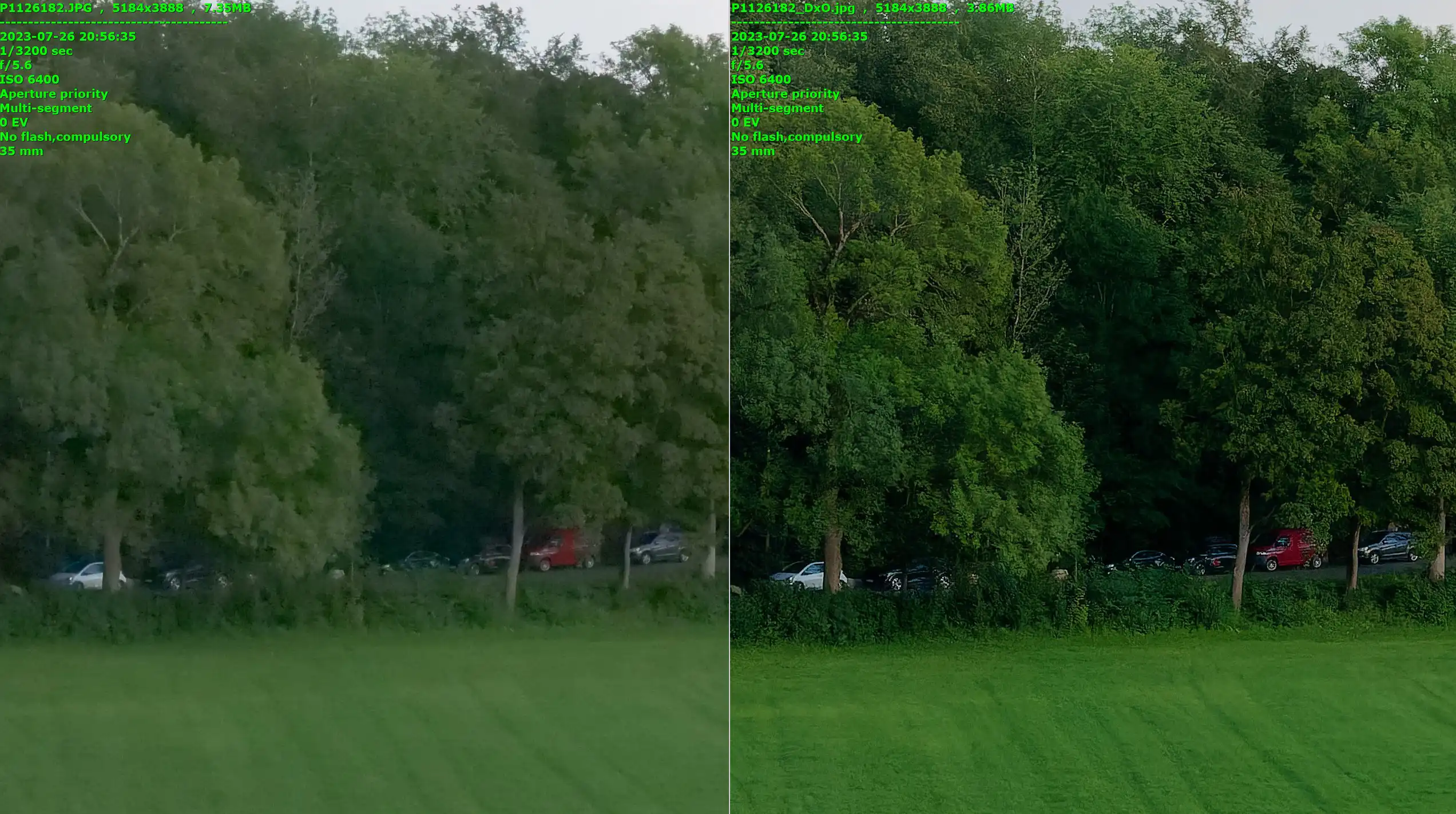 Soldaki 7D makine çıktısı JPEG, sağdaki DxO DeepPrime ile işlenmiş RAW çıktısı JPEG